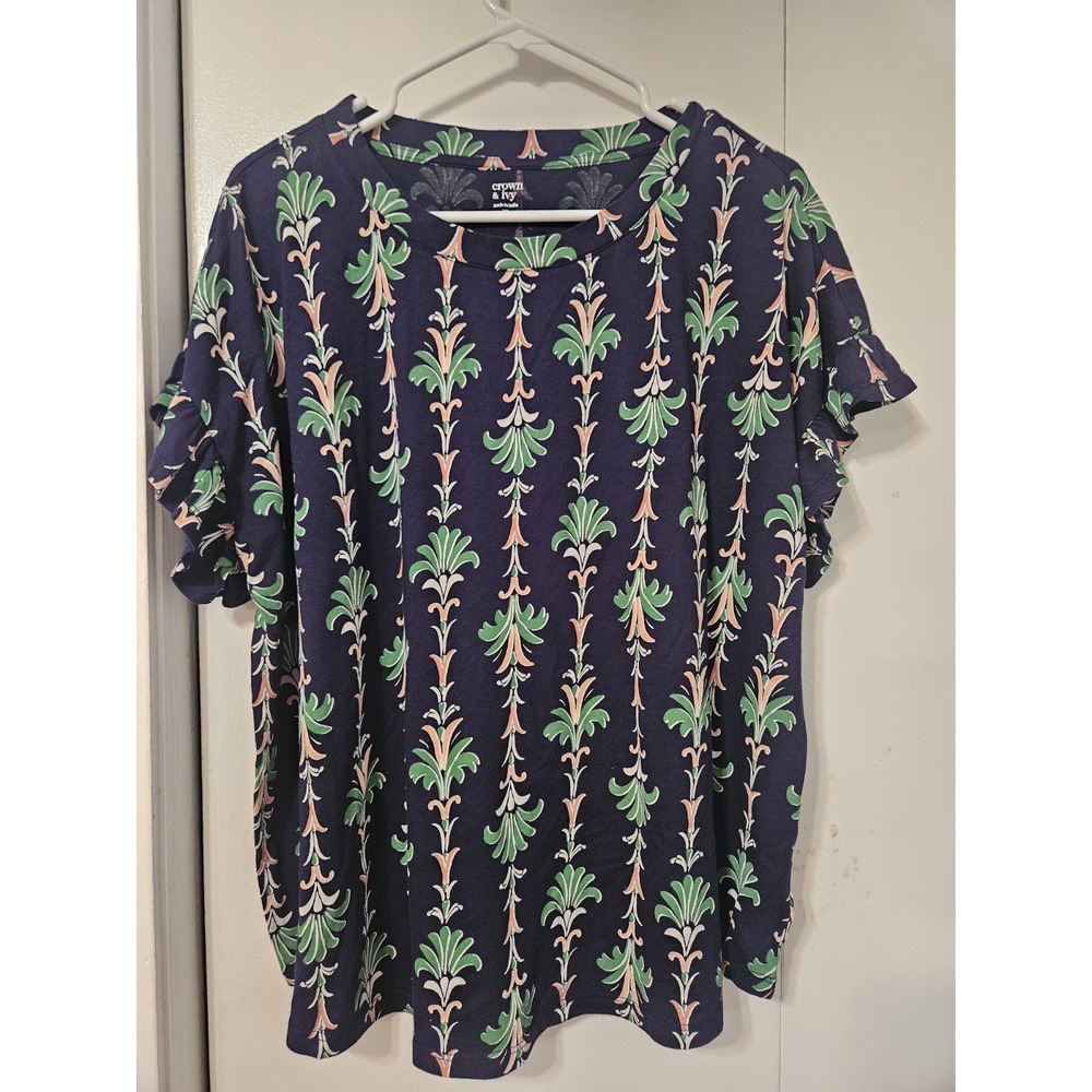Crown & Ivy Navy Short-sleeve T-shirt Colorful Print Ruffled Sleeves. NWT XL